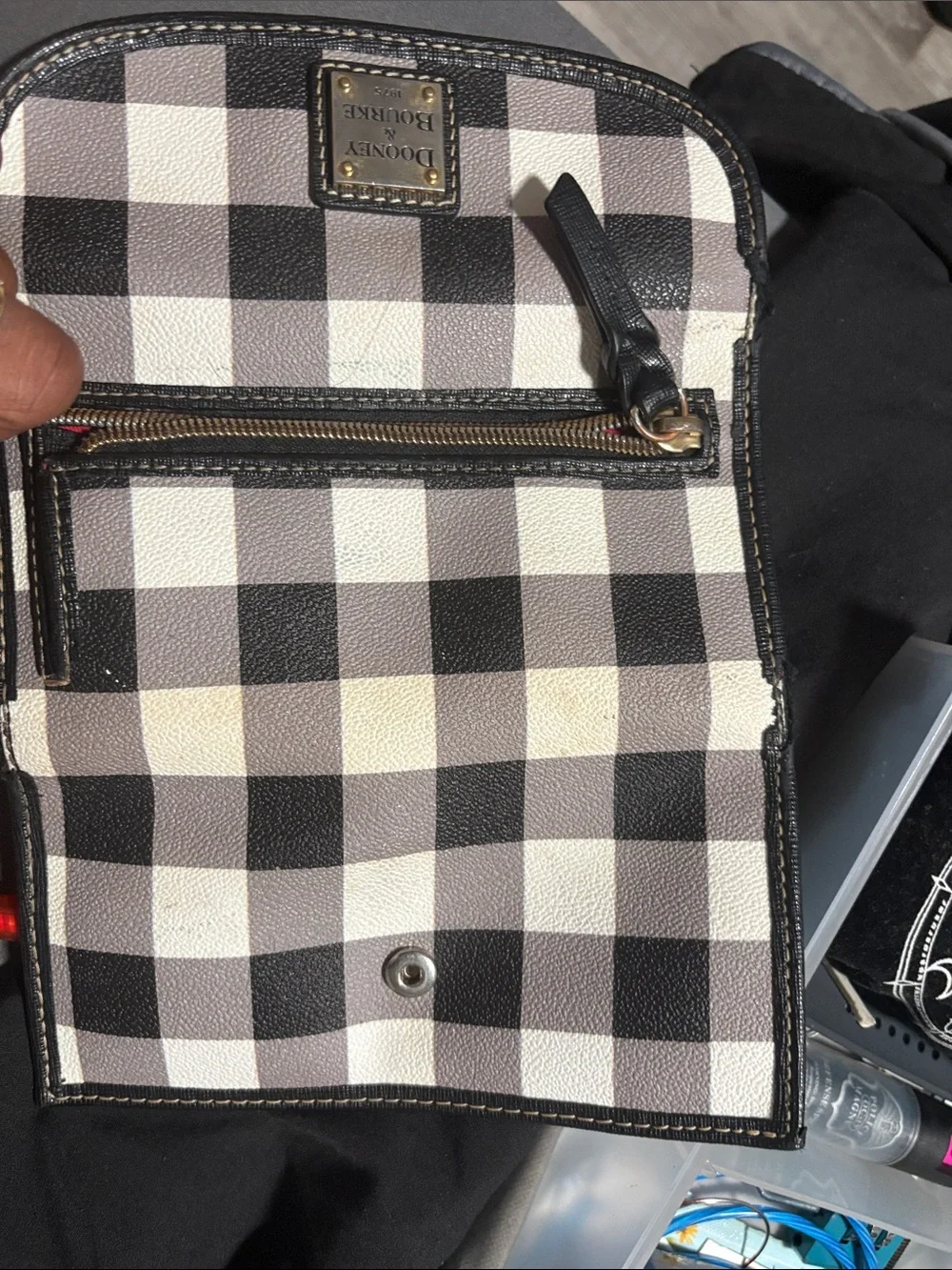 Dooney & Bourke Black and White Check Foldover Wallet with Logo Plaque